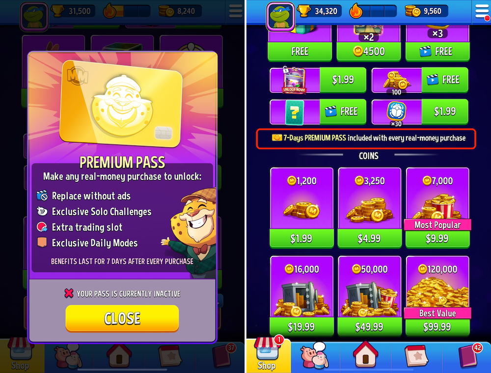 Match Masters’ Premium Pass is activated for 7 days by making any real money purchase