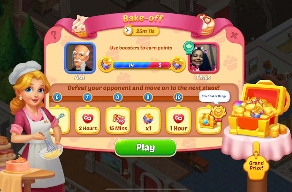 In the Bake-Off event, players compete against an opponent to see who can use the most boosters in normal Match3 levels within a set time limit. The winner will move on to the next stage and be matched against another random opponent