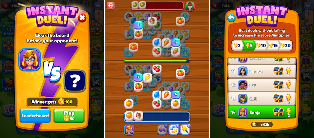 Instant Duel is a synchronous PvP mode with separate gameplay where two players are matched to play the same board at the same time and try to clear the board before the opponent. Win streak multiplier and leaderboard mechanics give extra depth to the event